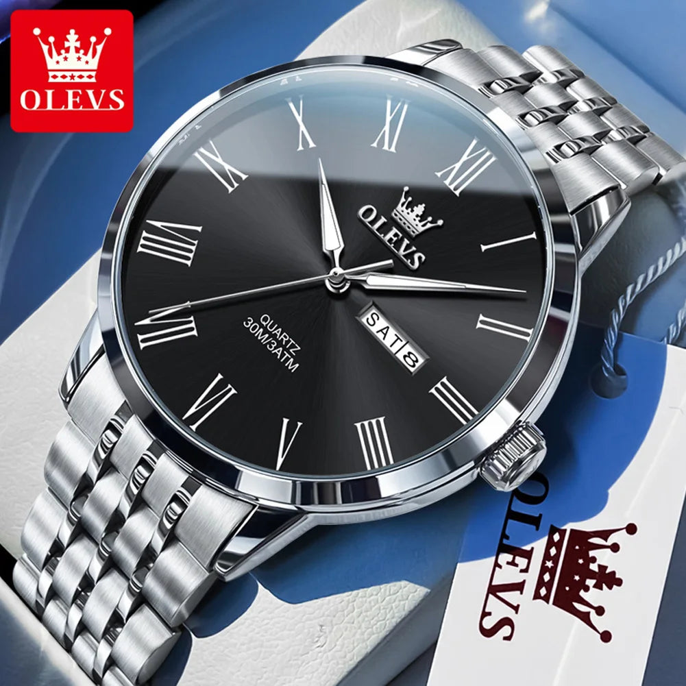 OLEVS 3633 Herrenuhr Business Simply Original Quarzuhr für Herren, wasserdicht, leuchtend, Edelstahl, Dual-Kalenderanzeige