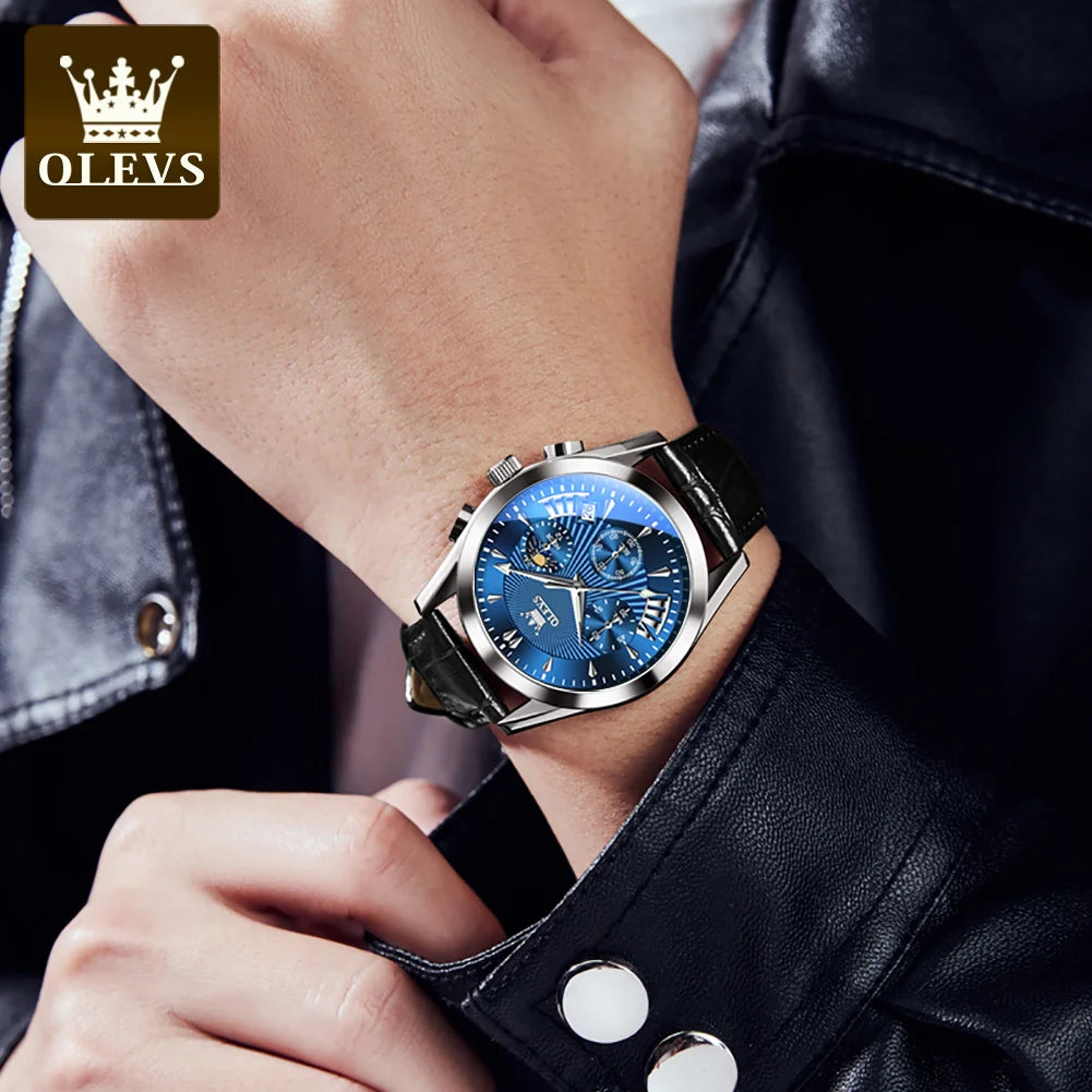 OLEVS Original männer Uhren Sport Chronograph Quarz Männliche Uhr Wasserdicht Lederband Luminous Armbanduhr 24 stunde zifferblatt