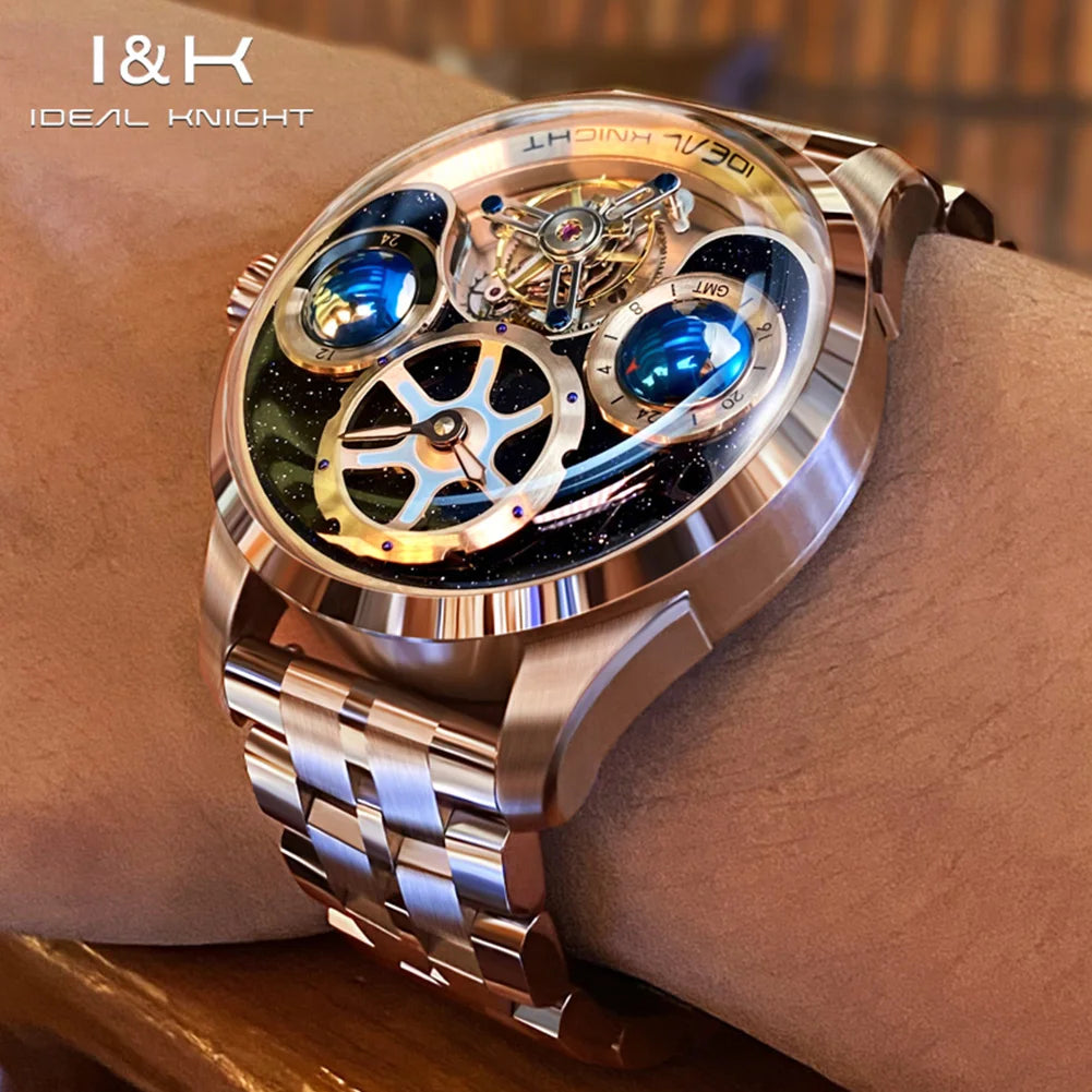 IDEAL KNIGHT 6808 Hollow Tourbillon Watch Luxury Brand Men Watch Fashion Business Waterproof Luminous Blue Earth Design Watch ﻿