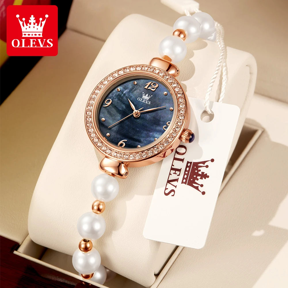 OLEVS 9968 Frauen Uhr Elegante Mode Original Kleine Zifferblatt Quarz Armbanduhr Wasserdichte Perle Uhr Kette Damen Uhr Box Reloj