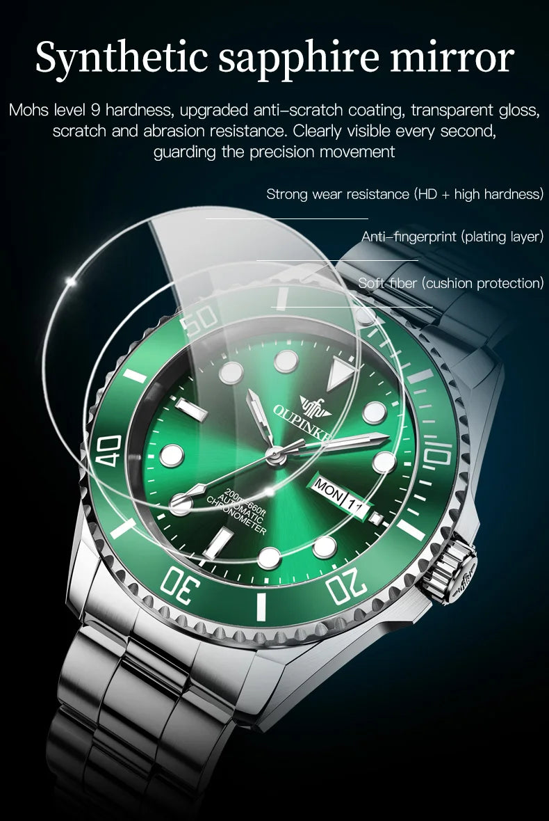 OUPINKE 3205 Diving Series Men Fully Automatic Movement Watch Classic Green Water Ghost Double Calendar Top Men Mechanical Watch