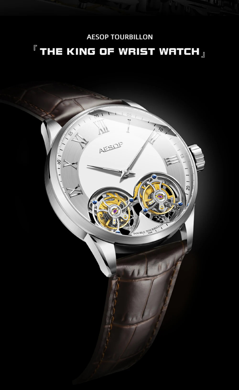 Superluxuriöse 100 % originale Doppel-Tourbillon-Uhr für Herren, Saphir-Handaufzugswerk, 1963, mechanische Armbanduhr, AESOP 2022