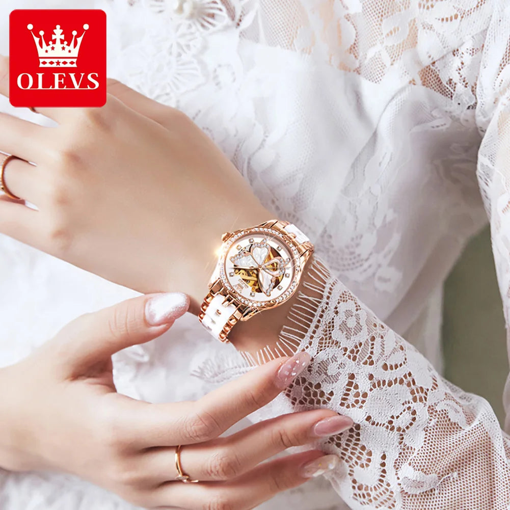 OLEVS Top Marke Mechanische Frauen Uhr Mode Schweiz Luxus Marke Damen Armbanduhr Automatische Lederband Geschenk