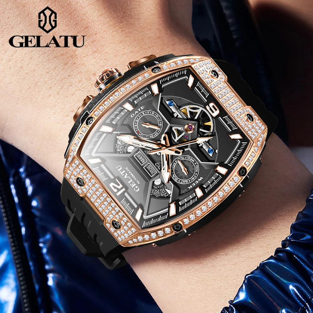 Gelatu 6016 Diamant hohl Luxus mechanische Herren uhr automatische Datum wasserdichte Silikon uhr Top Marke Uhr reloj hombre