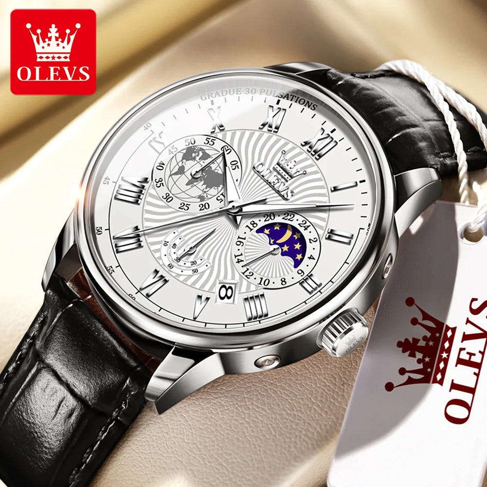 OLEVS Herrenuhren Casual Business Original Quarzuhr für Herren Wasserdicht Leuchtende Armbanduhr Mondphasenkalender Chronograph