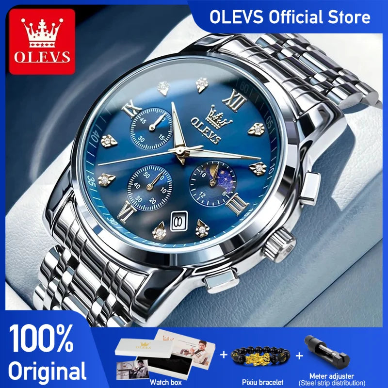 OLEVS Herrenuhren, klassische Mode, multifunktionaler Chronograph, Original-Quarz-Armbanduhr, wasserdicht, leuchtendes Mondphasen-Datum