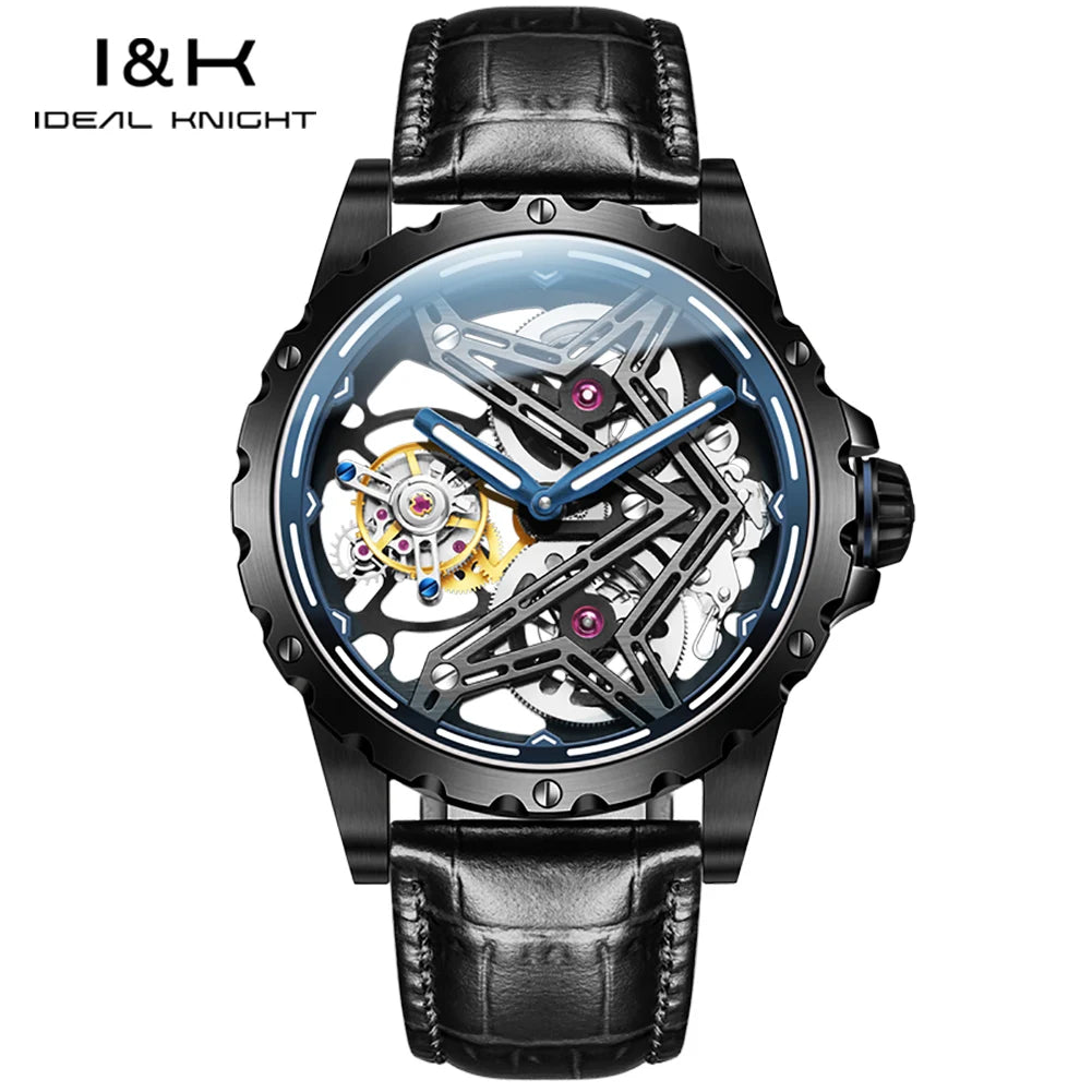 Ideal Knight Tourbillon Automatic Watch for Men Orange Blue Luminous Dial Fashion Black Steel Strap Hand Clock Great Wall Series