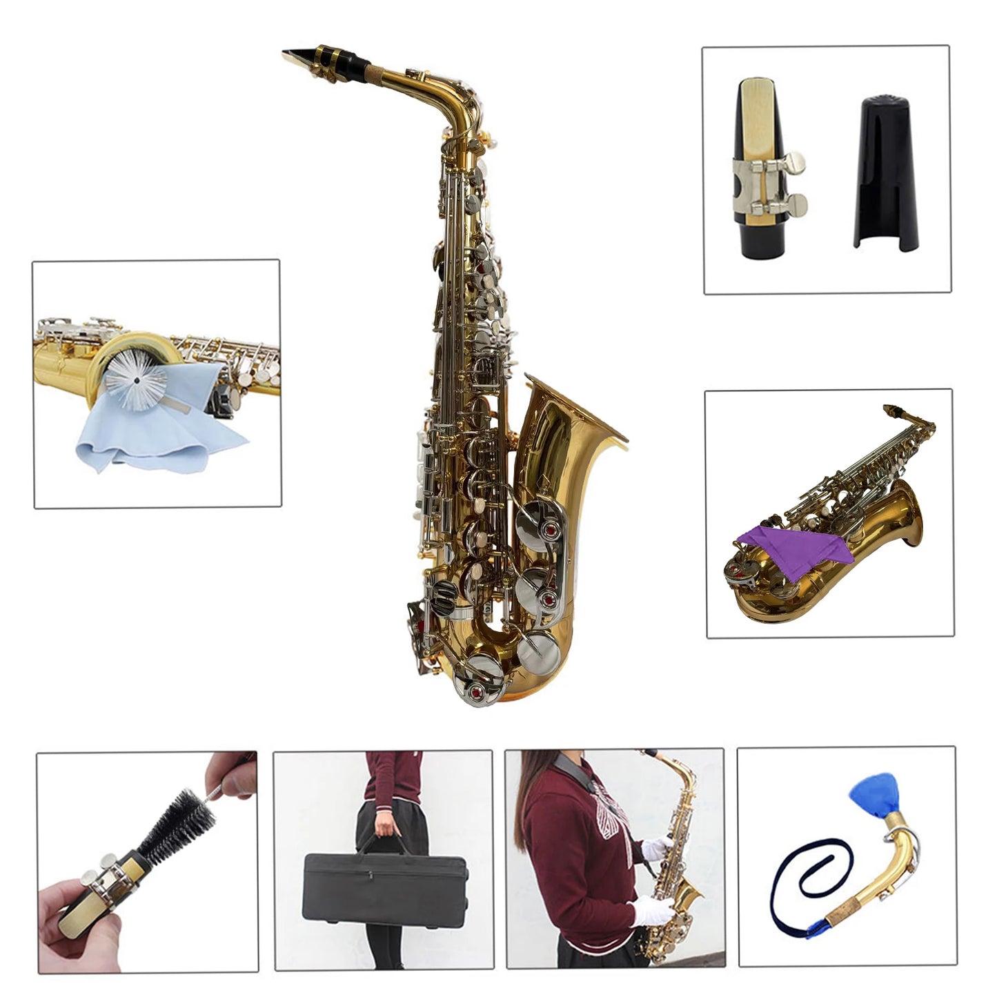 Altsaxophon, Saxophon, glänzendes Messing, graviert, Eb E-Flat, natürliche weiße Schale, Knopf, Blasinstrument mit Koffer, stummgeschaltete Handschuhe, Reinigung