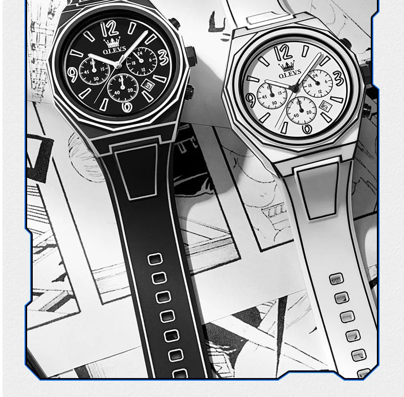 OLEVS 5622 Herrenuhr, originelle Mode, Manga-Stil, Silikonarmband, Quarzuhr, wasserdicht, leuchtend, multifunktionaler Chronograph