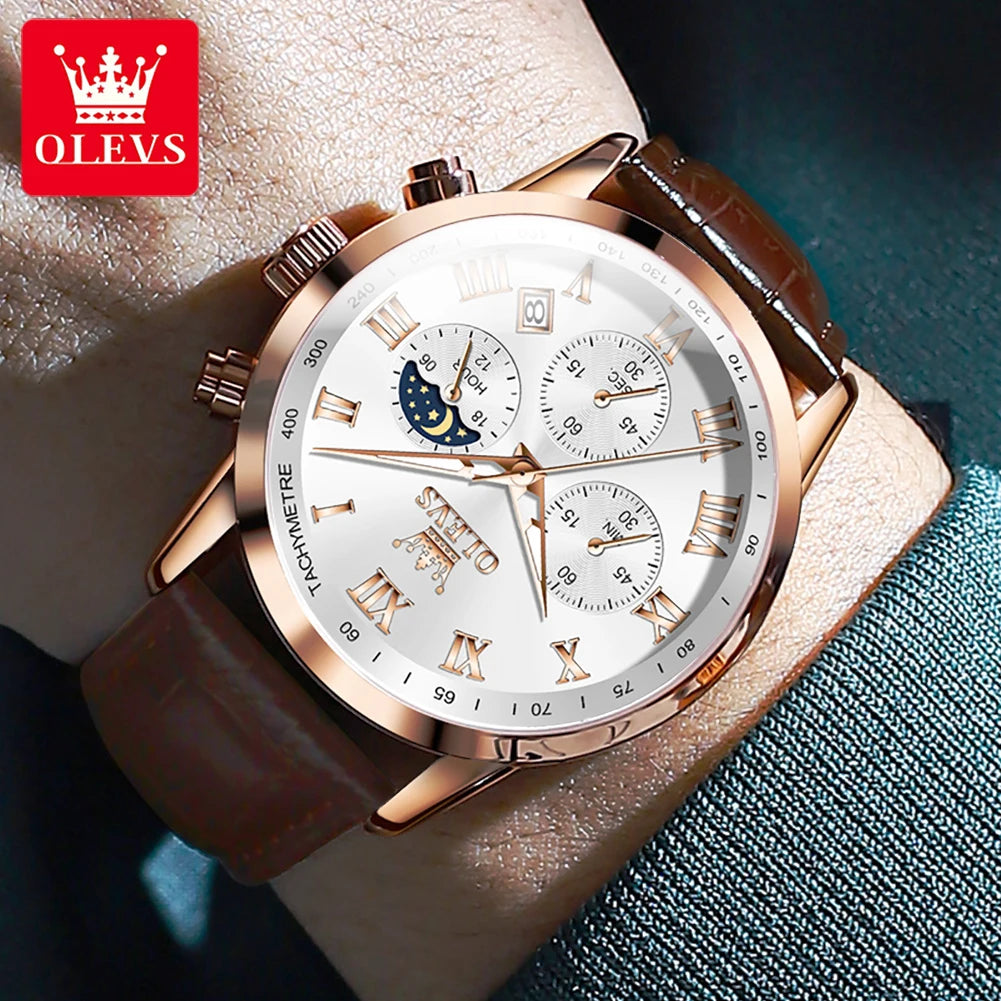 OLEVS herren Uhren Braun Leder Klassische Analog Quarz Uhr für Mann 3ATM Wasserdichte Armbanduhr Multifunktions Chronograph