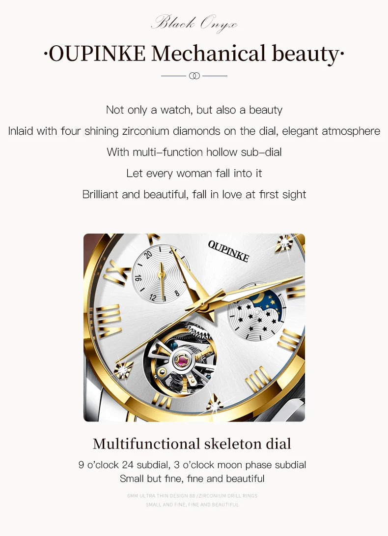 OUPINKE 3202 Hollow Women's Watch Swiss Luxury Brand Automatic Mechanical Watch Waterproof Moonphase Chronograph Women's Watch