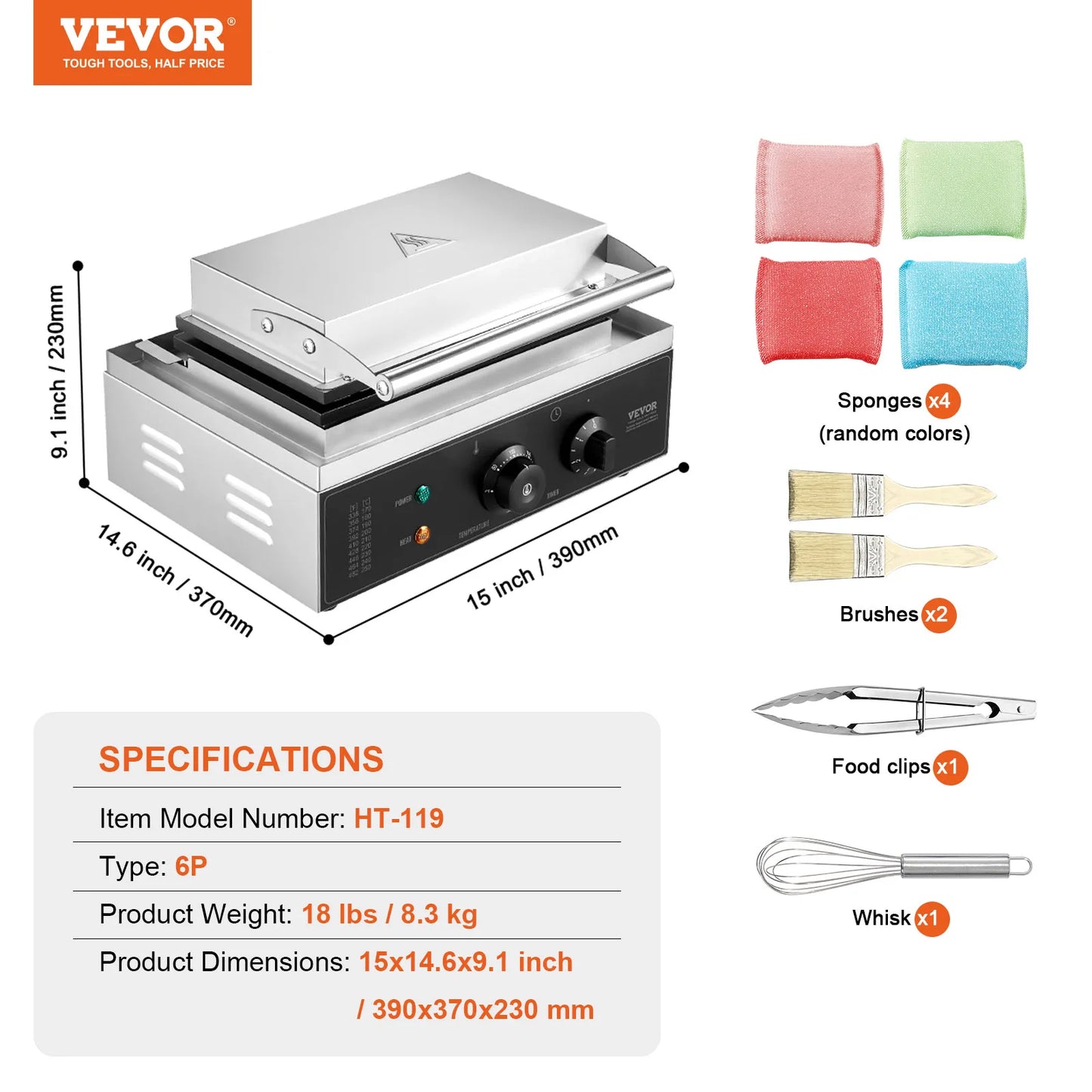 VEVOR kommerzieller Waffeleisen Waffel Maker 6-teilig 1500 W, antihaftbeschichtetes Edelstahl-Waffeleisen für Mais-Hotdogs mit Temperatur- und Zeitregelung, für Restaurant Bäckerei Snackbar Familie