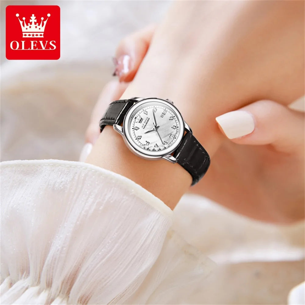 Olevs Damen uhren elegante Mode kleine Quarz Armbanduhr für Damen Diamant waage Datum wasserdicht leuchtendes Leder armband