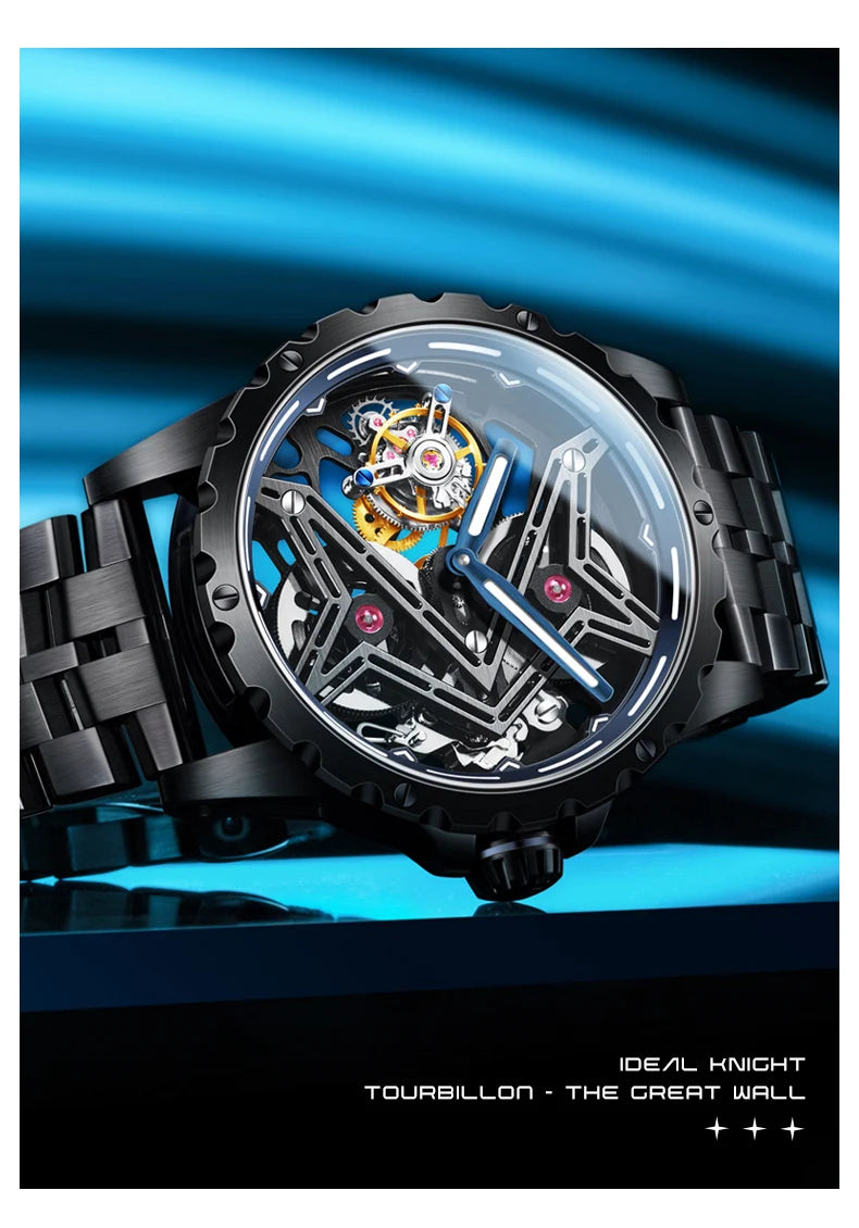 Ideale Ritter 6803 transparente Tourbillon Mann Uhr große Wand Serie Skelett aushöhlen automatische mechanische Armbanduhr für Männer