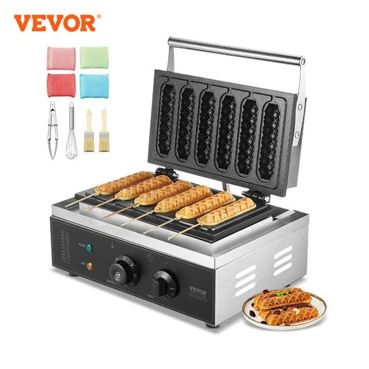 VEVOR kommerzieller Waffeleisen Waffel Maker 6-teilig 1500 W, antihaftbeschichtetes Edelstahl-Waffeleisen für Mais-Hotdogs mit Temperatur- und Zeitregelung, für Restaurant Bäckerei Snackbar Familie