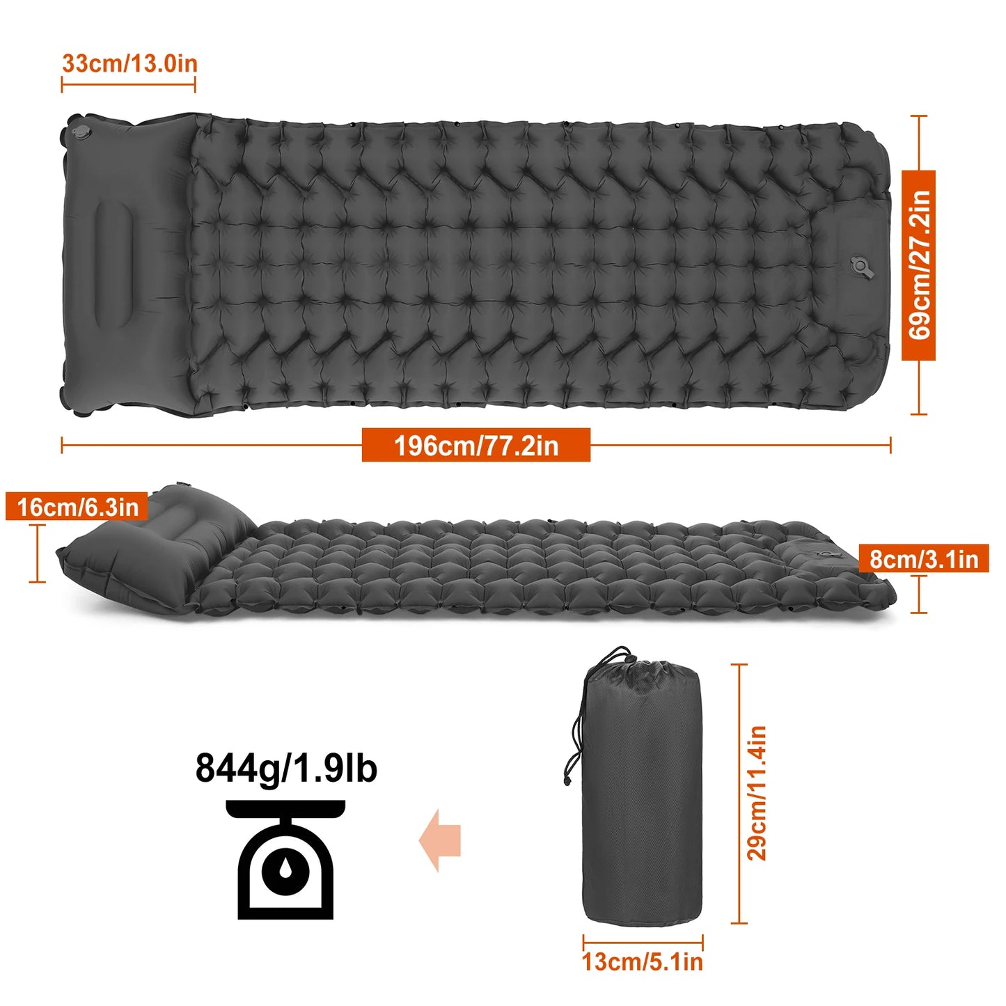 Camping Sleeping Pad with Pillow Built-in Pump Ultralight Inflatable Sleeping Mat Waterproof Backpacking Camping Air Mattress