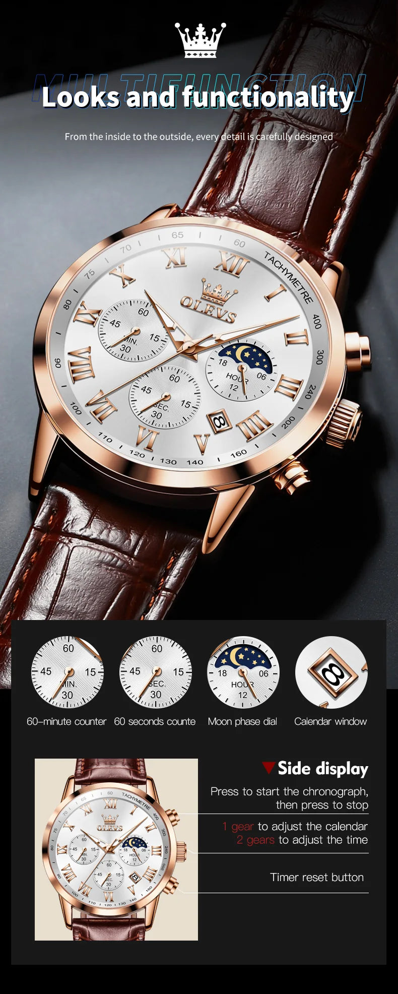 OLEVS herren Uhren Braun Leder Klassische Analog Quarz Uhr für Mann 3ATM Wasserdichte Armbanduhr Multifunktions Chronograph