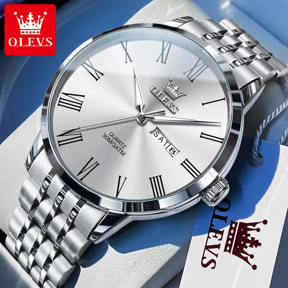 OLEVS 3633 Herrenuhr Business Simply Original Quarzuhr für Herren, wasserdicht, leuchtend, Edelstahl, Dual-Kalenderanzeige