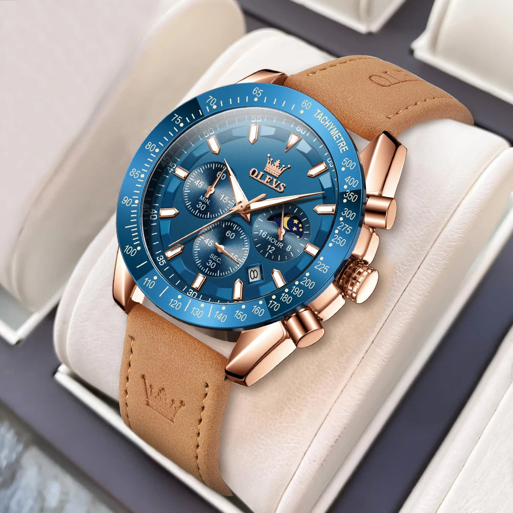 OLEVS herren Uhren Beliebte Mode Original Quarzuhr für Mann Chronograph Wasserdichte Leder Armbanduhr Luminous Mond Phase