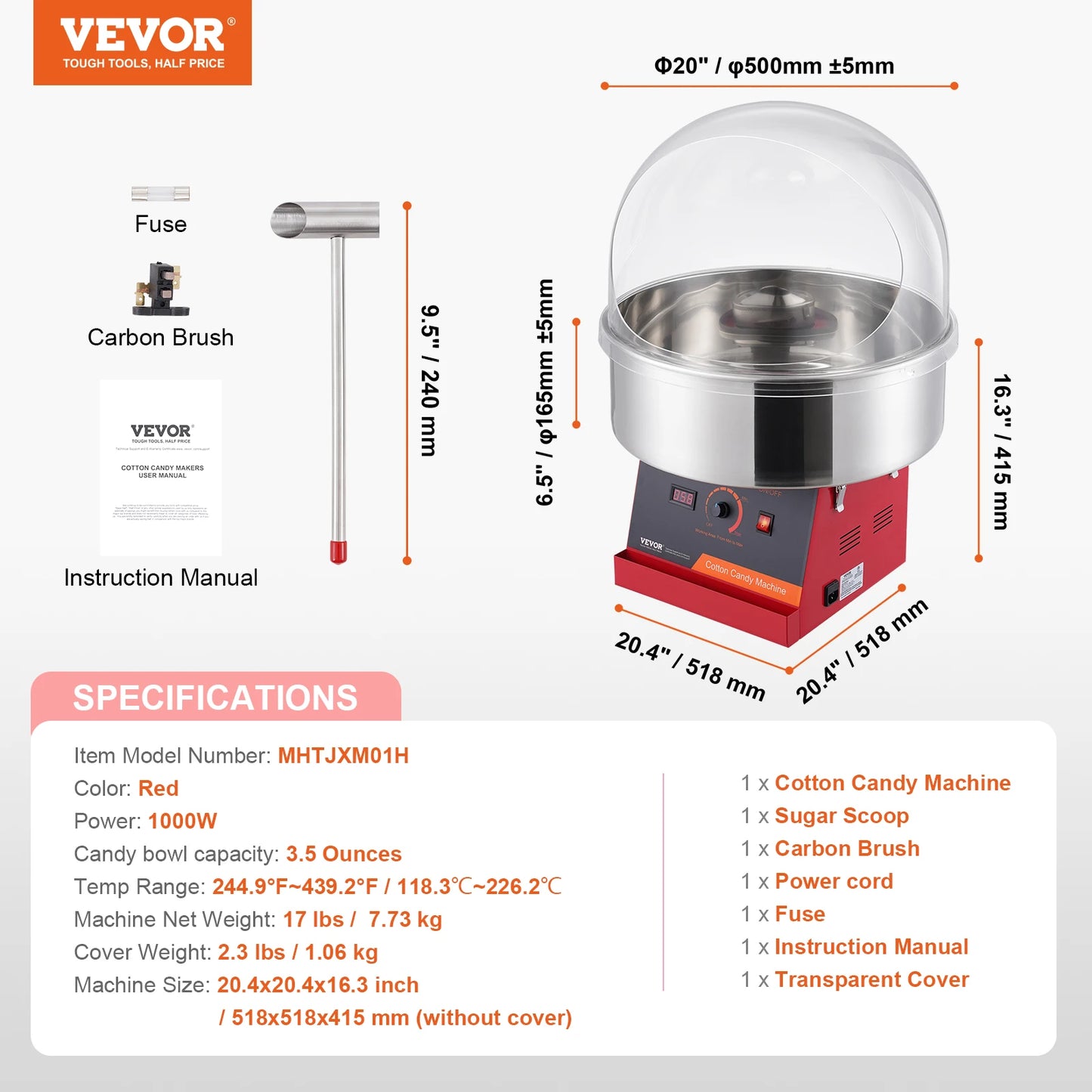 VEVOR Elektrische Zuckerwattemaschine, 1 kW Zuckerwattegeräte, Kommerzielle Zuckerwattemaschine mit Abdeckung, Edelstahlschüssel & Zuckerlöffel, für Kindergeburtstage zu Hause, Familienfeiern (Rot)