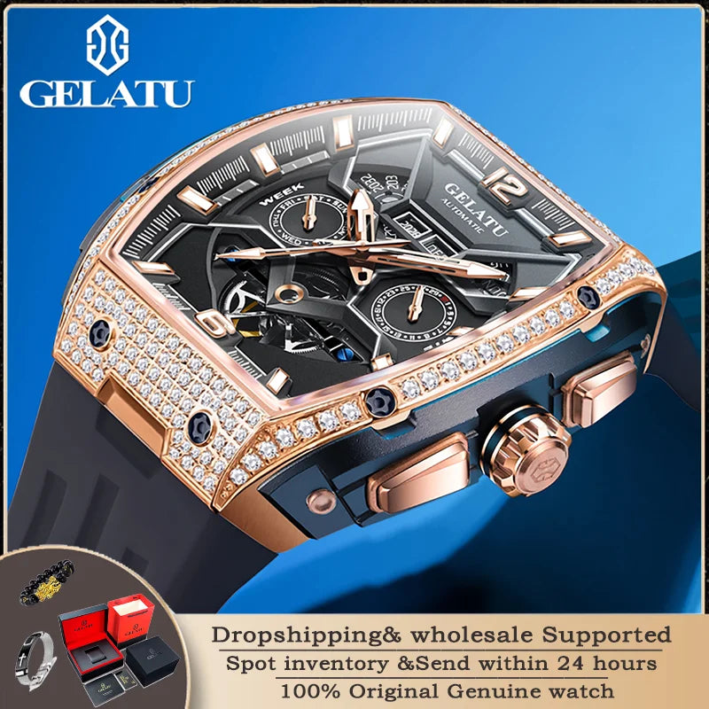 Gelatu 6016 Diamant hohl Luxus mechanische Herren uhr automatische Datum wasserdichte Silikon uhr Top Marke Uhr reloj hombre