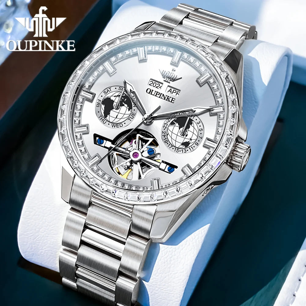 OUPINKE 3280 Männer Uhr Luxus Marke Wasserdicht Skeleton Automatische Uhr Business Kalender Woche Männer Mechanische Uhr Montre Homme