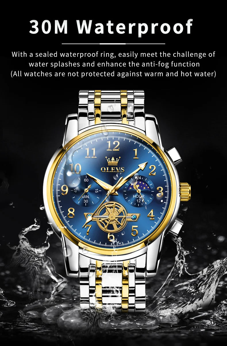 Olevs 2900 Mondphase Uhr Männer Edelstahl wasserdicht leuchtende Mode Skelett Chronograph Quarz Armbanduhr für Männer neu