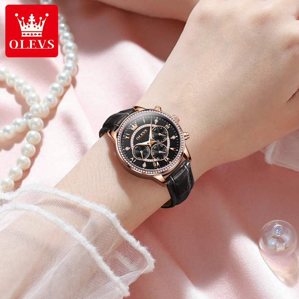 Olevs Damen uhren Mode elegante Diamant Lünette Original uhr für Damen weiches Leder armband wasserdicht leuchtenden Chronograph