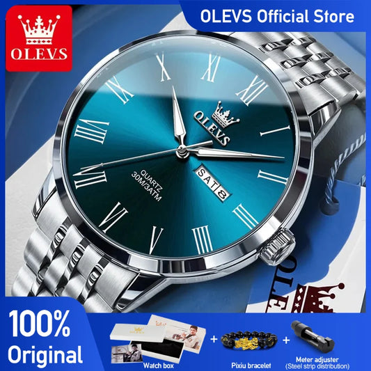 OLEVS 3633 Herrenuhr Business Simply Original Quarzuhr für Herren, wasserdicht, leuchtend, Edelstahl, Dual-Kalenderanzeige