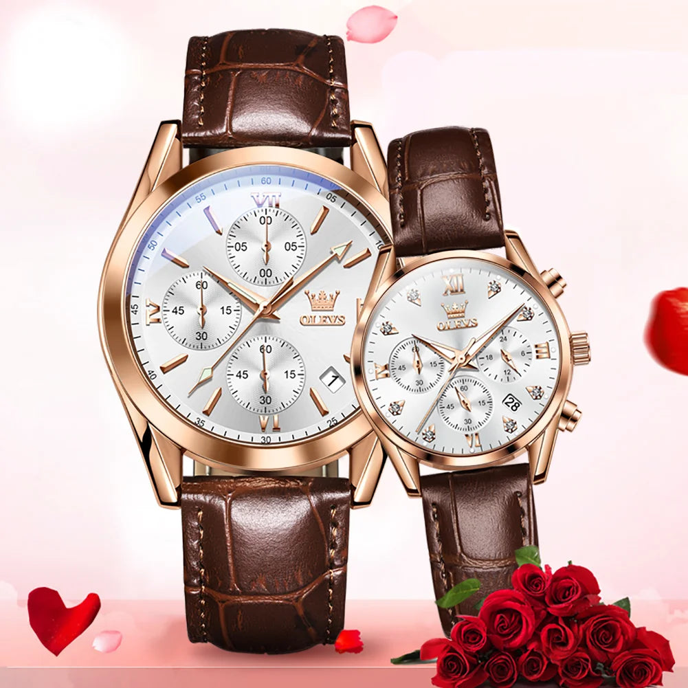 Olevs Paar Uhr für Männer Frauen wasserdichte Quarz Armbanduhr Männer Frauen Leder armband Chronograph Design Liebhaber Uhr Geschenke