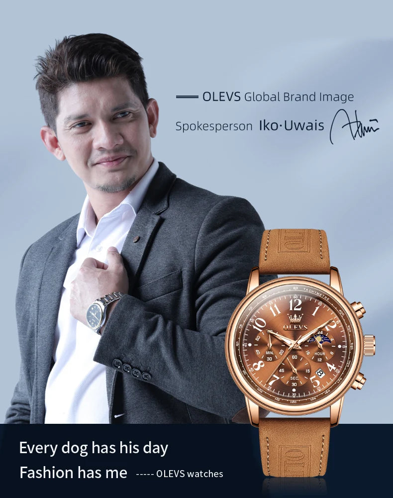 OLEVS Herrenuhren im jungen Sportstil, Original-Quarz-Armbanduhr für Herren, wasserdicht, leuchtend, Chronograph, Datum, Mondphase