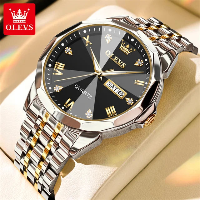 Olevs 9931 Quarzuhr für Männer Raute Spiegel Edelstahl wasserdicht Auto Datum Woche Uhr Einfachheit Luxus Herren Armbanduhr