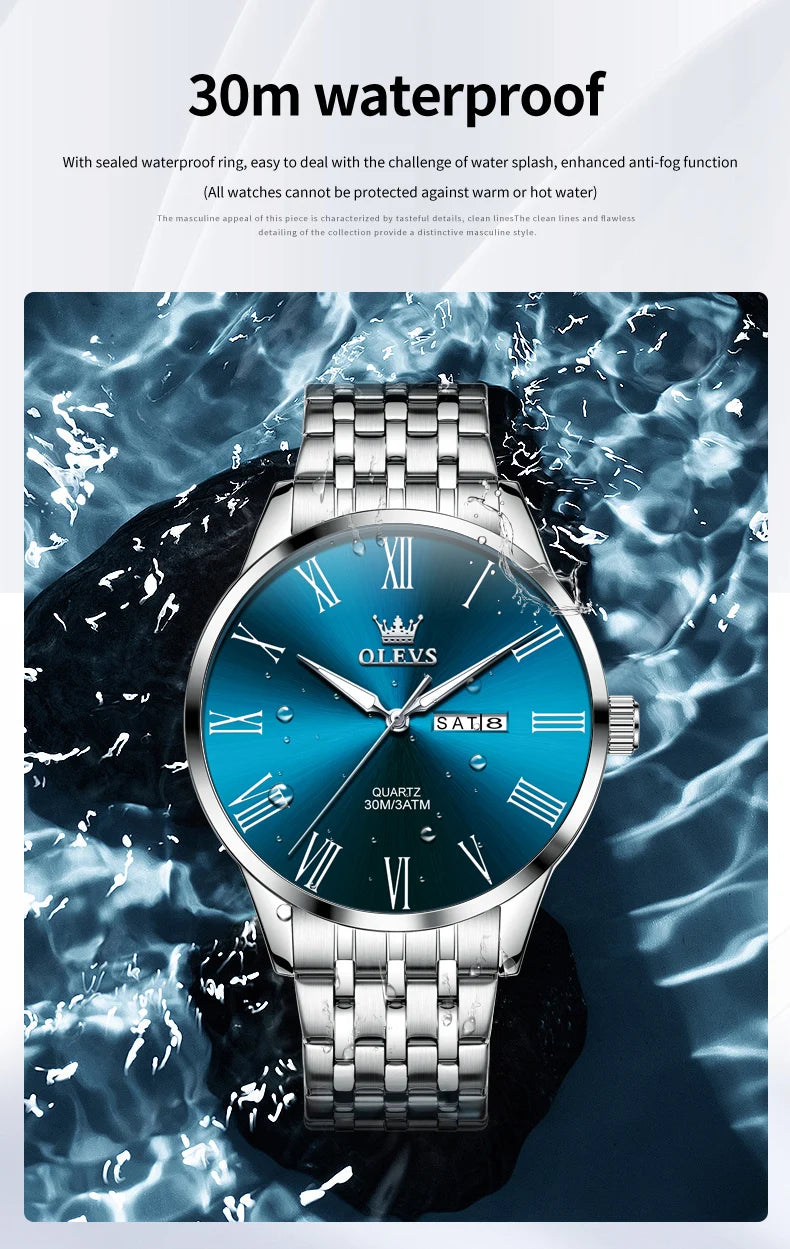 OLEVS 3633 Herrenuhr Business Simply Original Quarzuhr für Herren, wasserdicht, leuchtend, Edelstahl, Dual-Kalenderanzeige