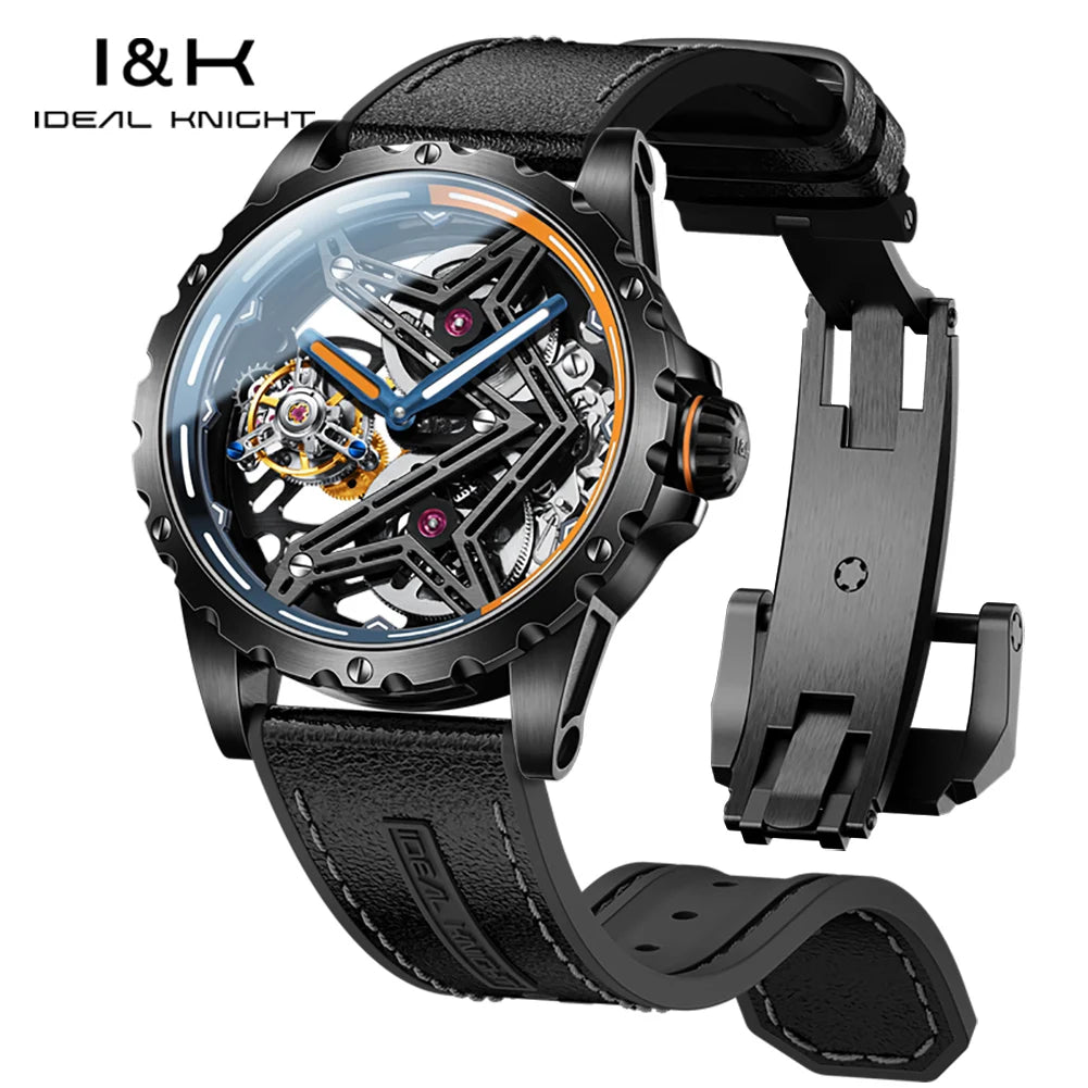 Ideale Ritter 6803 transparente Tourbillon Mann Uhr große Wand Serie Skelett aushöhlen automatische mechanische Armbanduhr für Männer