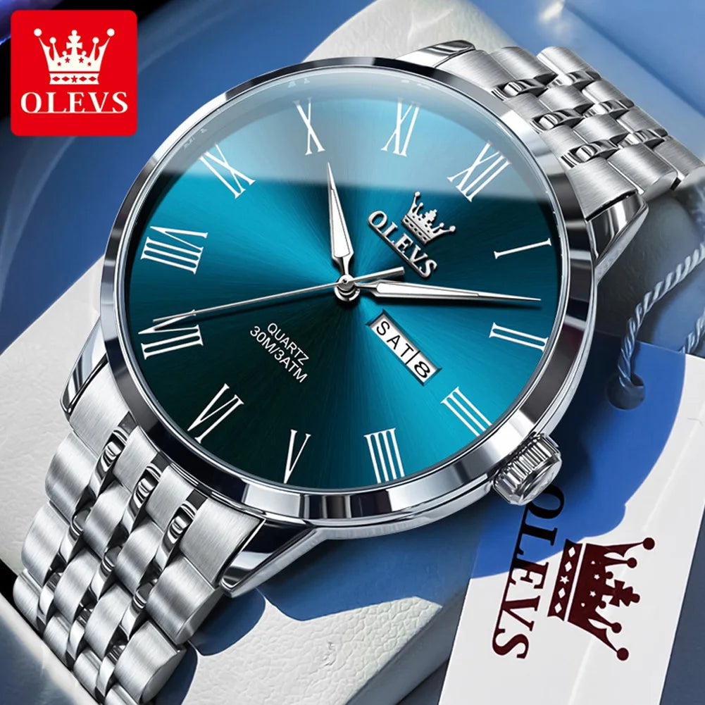 OLEVS 3633 Herrenuhr Business Simply Original Quarzuhr für Herren, wasserdicht, leuchtend, Edelstahl, Dual-Kalenderanzeige