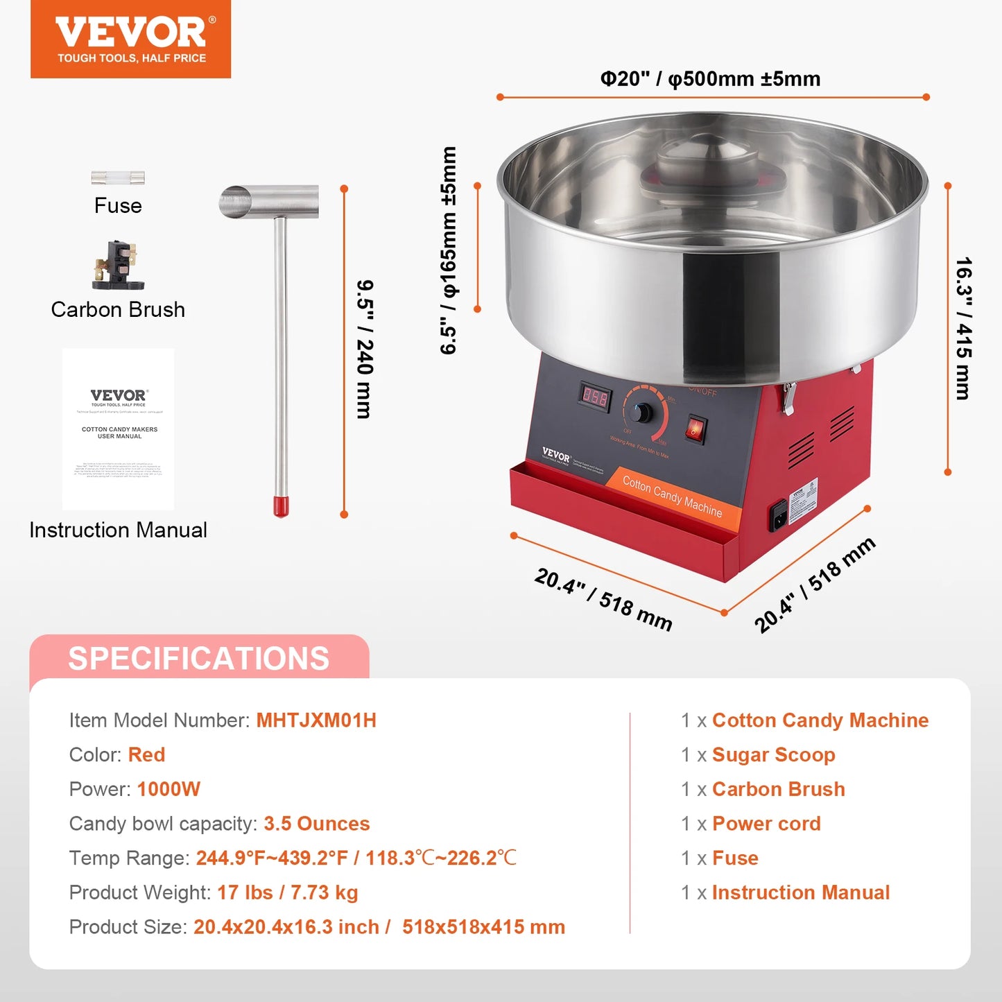 VEVOR Elektrische Zuckerwattemaschine, 1 kW Zuckerwattegeräte, Kommerzielle Zuckerwattemaschine mit Abdeckung, Edelstahlschüssel & Zuckerlöffel, für Kindergeburtstage zu Hause, Familienfeiern (Rot)