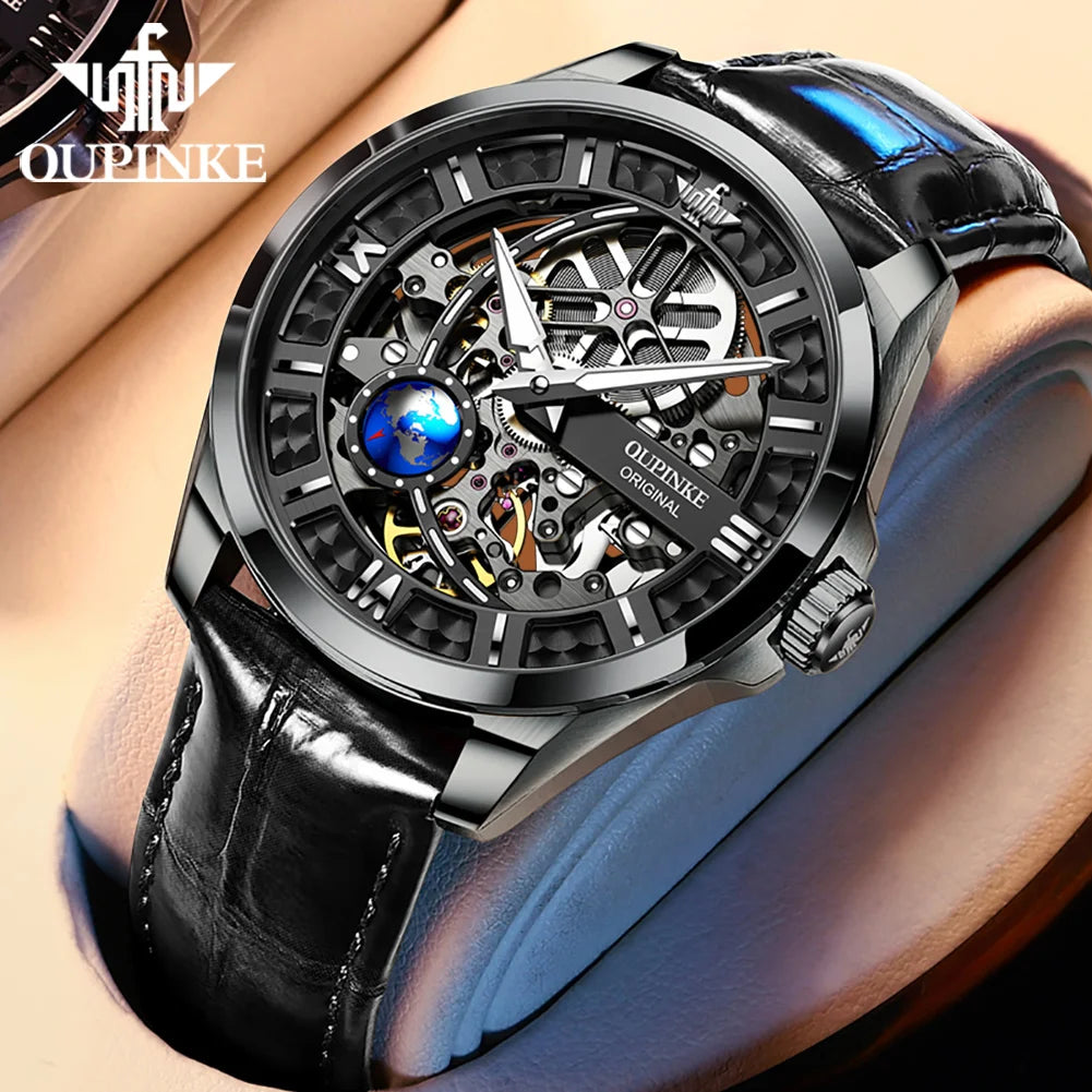 OUPINKE 3268 Luxus Original Skeleton 50 M Wasserdicht Männer Automatische Mechanische Uhr Mode 3D Rotierenden Globus Sport herren Uhr