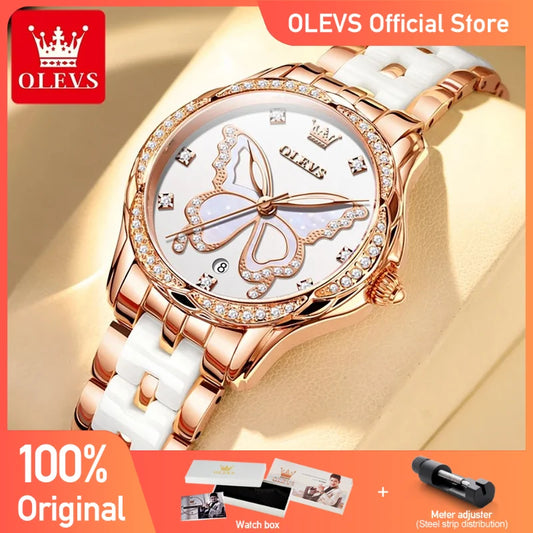 OLEVS 5610 Damenuhren, elegante Mode, Strass-Lünette, Keramikarmband, Armbanduhr, wasserdicht, leuchtend, Automatikuhr