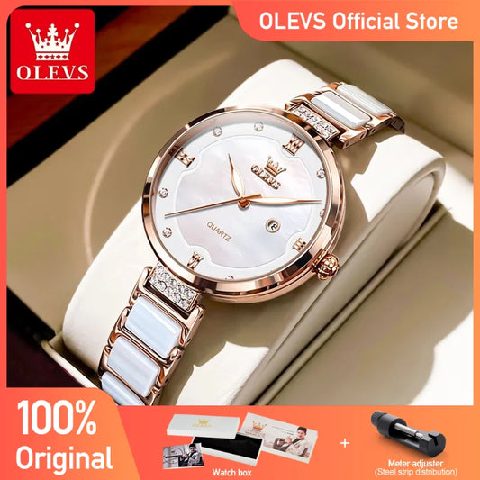 OLEVS Damenuhren, elegante Mode, Keramikarmband, Uhr für Damen, Armband, Geschenkbox-Set, wasserdicht, leuchtendes Datum