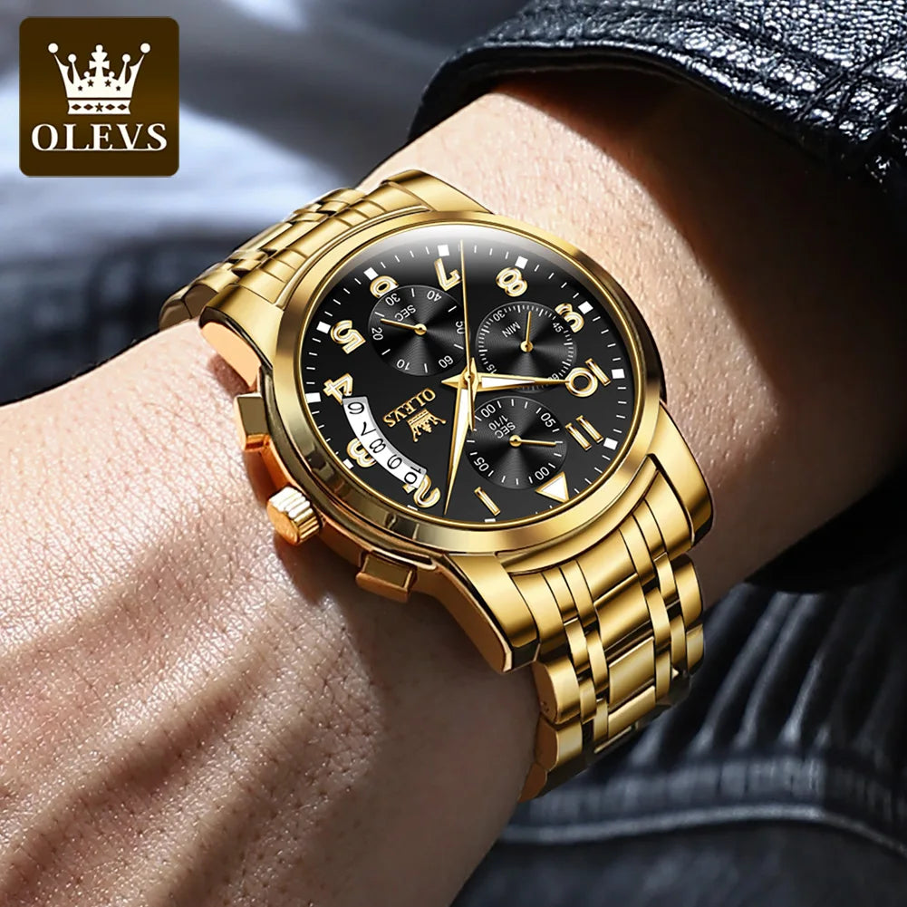 OLEVS Luxus männer Uhren Original Gold Chronograph Armbanduhr Wasserdichte Edelstahl Leucht Quarzuhr für Mann Sozialen