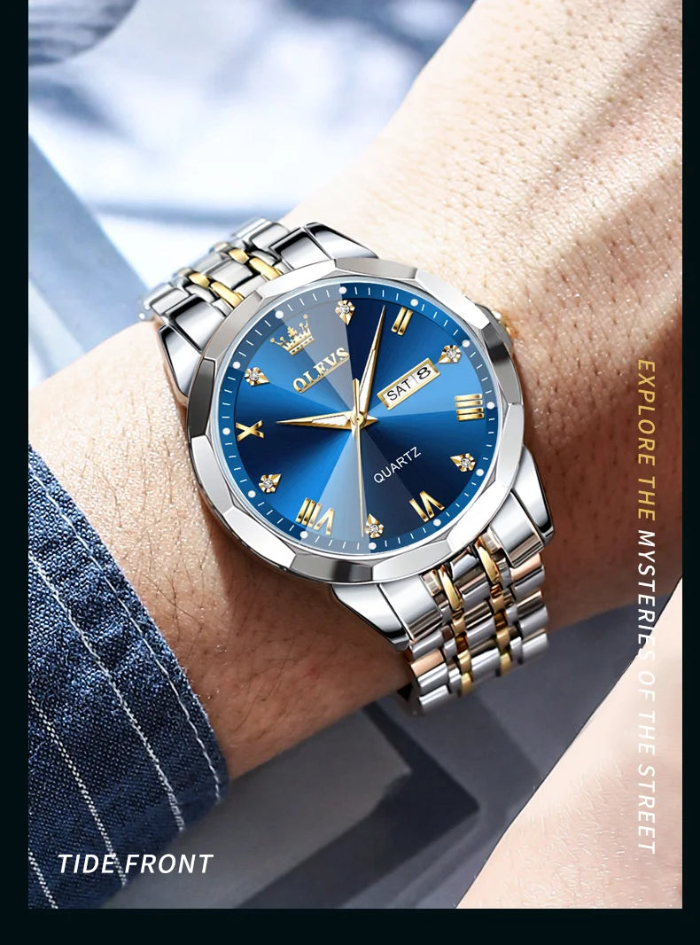 Olevs 9931 Quarzuhr für Männer Raute Spiegel Edelstahl wasserdicht Auto Datum Woche Uhr Einfachheit Luxus Herren Armbanduhr