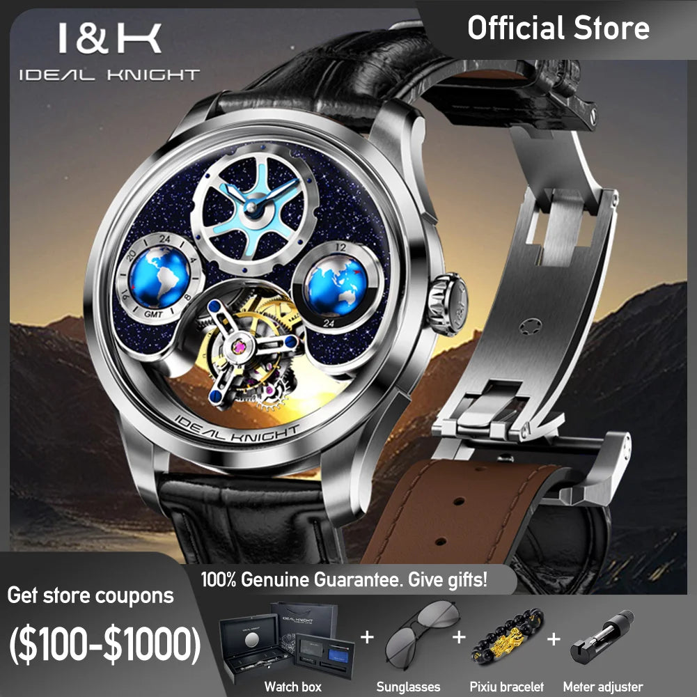 IDEAL KNIGHT Top-Marke Luxruy Herrenuhr Advanced Tourbillon Automatische mechanische Uhr Wasserdicht Leuchtende Dual-Region-Zeit