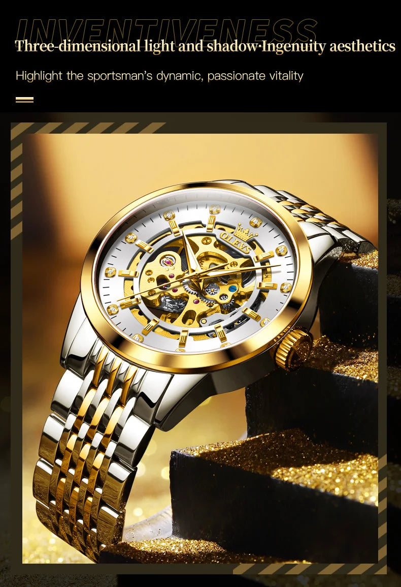 OLEVS herren Uhren Luxus Gold Skeleton Automatische Mechanische Armbanduhr für Mann Wasserdichte Edelstahl Luminous Business