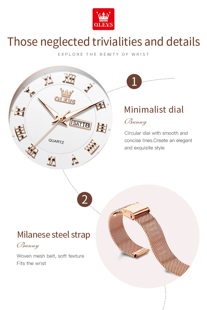 OLEVS Damenuhren, schlicht, modisch, römische Ziffern, originelle Armbanduhr für Damen, Edelstahl-Mesh-Armband, Woche und Datum, leuchtend