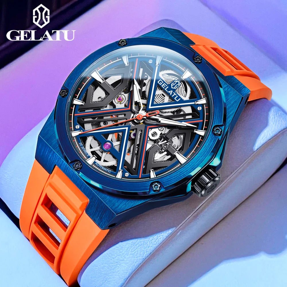 Gelatu aushöhlen automatische mechanische Uhr Luxusmarke Saphir Spiegel wasserdichtes Silikon armband Herren uhr reloj hombre