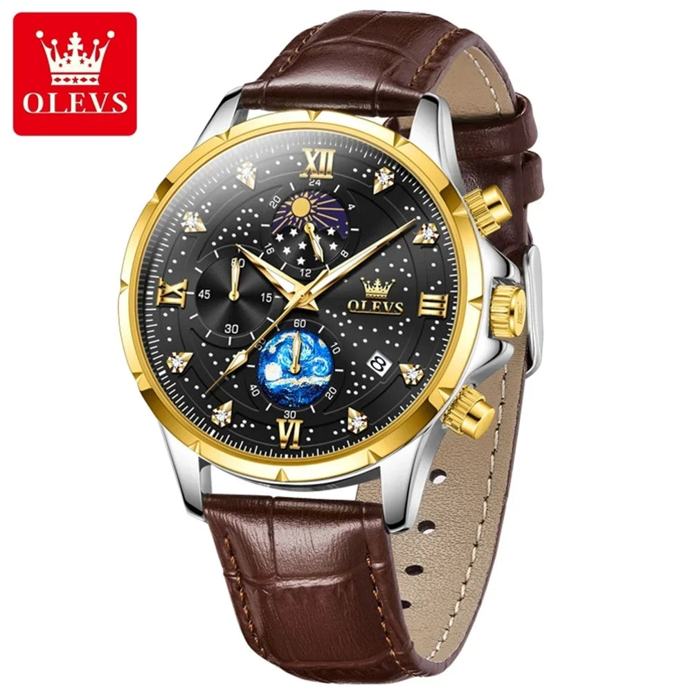 OLEVS Luxury Luminous Starry Sky Dial Men's Watches Moon Phase Waterproof Original Quartz Watch for Male Wristwatch Chronograph