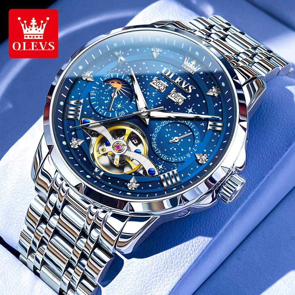 OLEVS Original Marke herren Uhren Mond Phase Starry DiskWasserdichte Multifunktionale Leuchtende Voll Automatische Mechanische Uhr ﻿