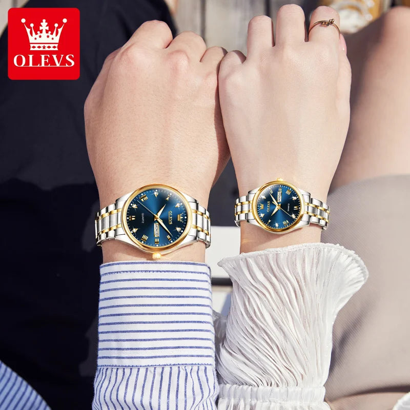 OLEVS Paar Uhren Einfache Mode Original Quarz Armbanduhr Wasserdicht Leuchtende Uhr Set Römische Ziffer Zifferblatt