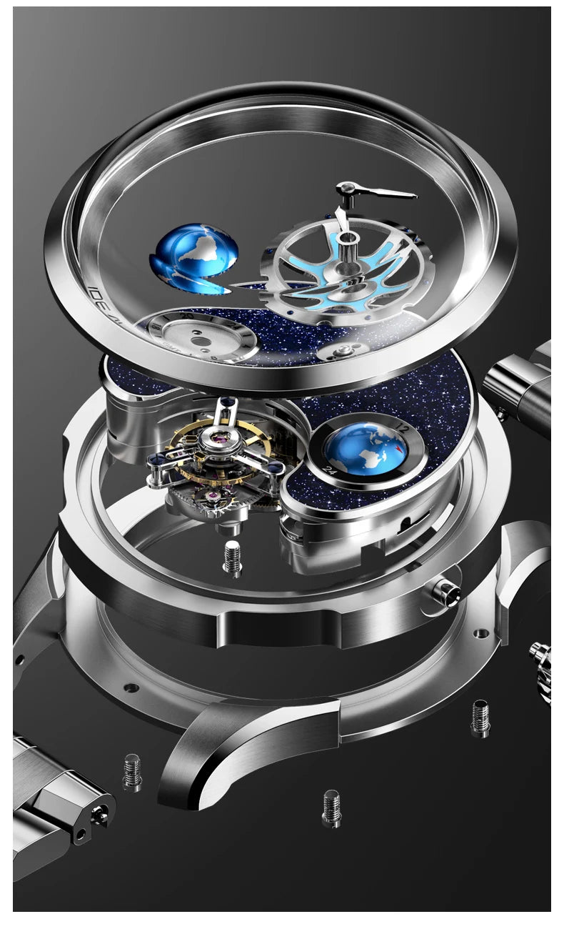 IDEAL KNIGHT 6808 Hollow Tourbillon Watch Luxury Brand Men Watch Fashion Business Waterproof Luminous Blue Earth Design Watch ﻿