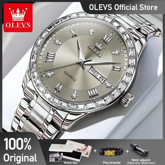 OLEVS 9906 Herrenuhr, Top-Marke, klassische Mode, Original-Quarz-Armbanduhr für Herren, Zirkon-Lünette, wasserdicht, leuchtendes Datum, Woche